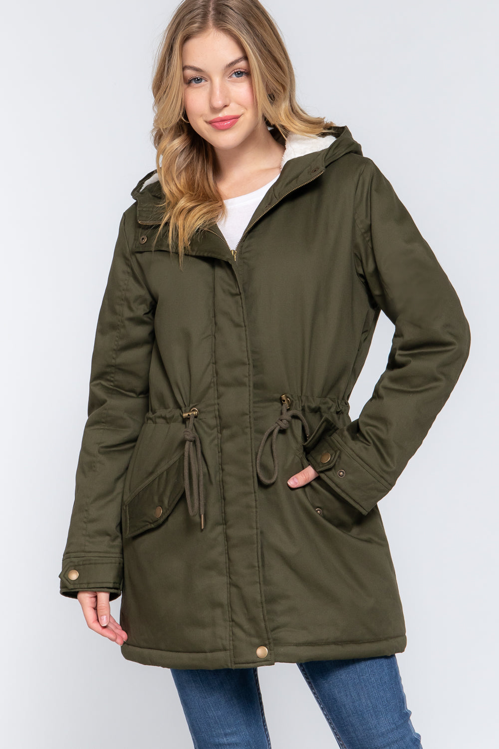 Women's Button Down With Zipper Fleece Lined Fur Hoodie Utility Jacket - Olive