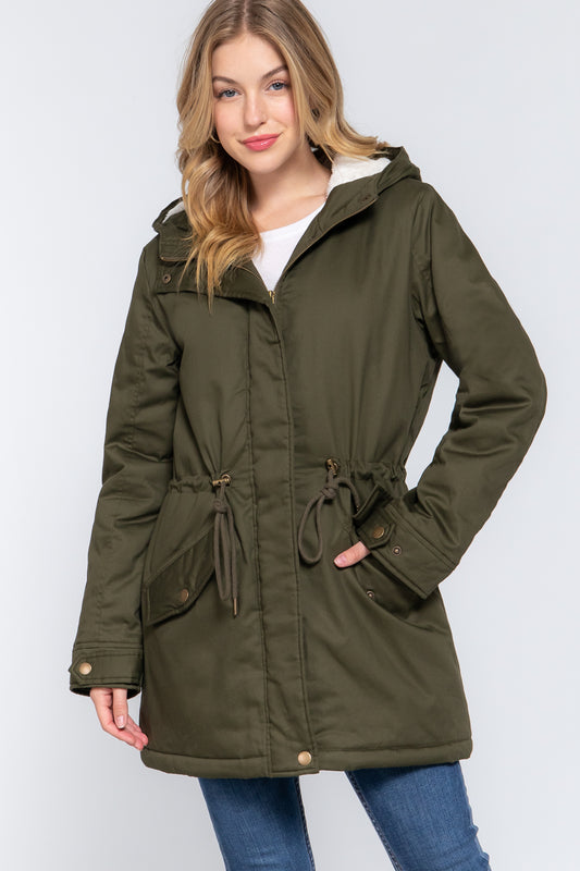 Women's Button Down With Zipper Fleece Lined Fur Hoodie Utility Jacket - Olive