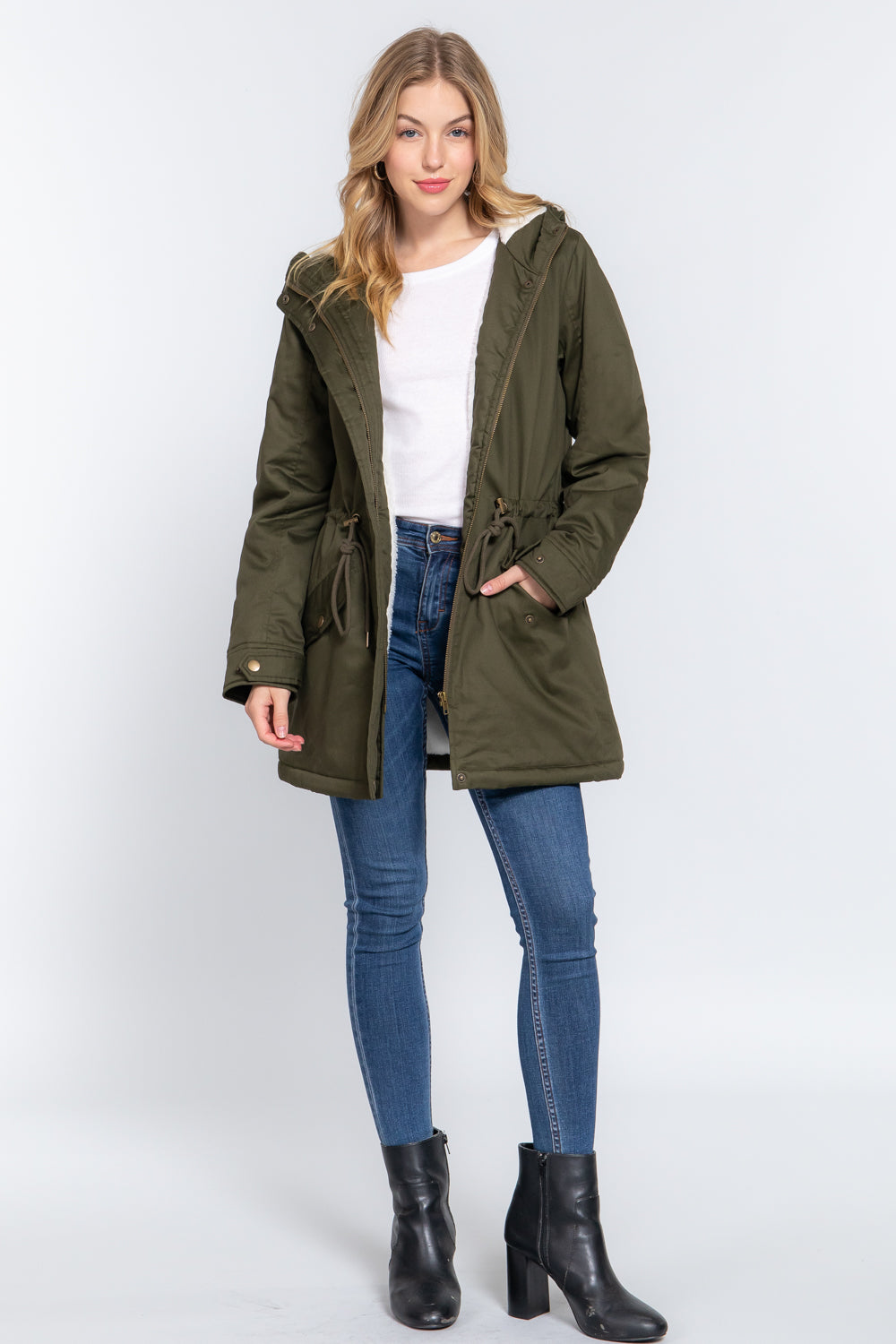 Women's Button Down With Zipper Fleece Lined Fur Hoodie Utility Jacket - Olive