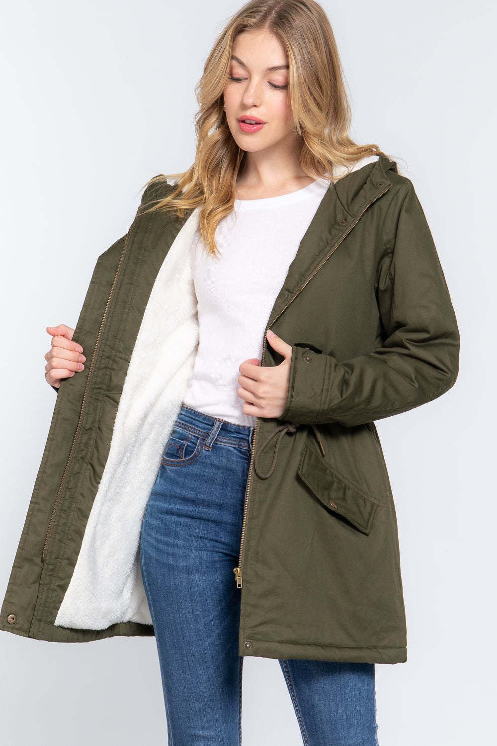 Women's Button Down With Zipper Fleece Lined Fur Hoodie Utility Jacket - Olive