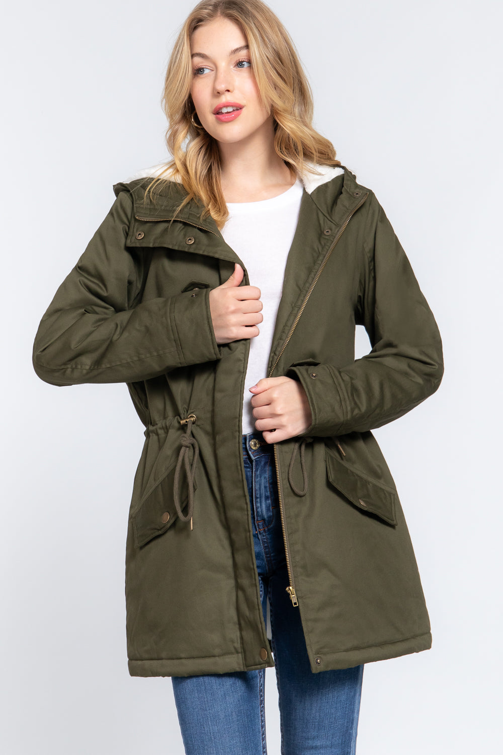 Women's Button Down With Zipper Fleece Lined Fur Hoodie Utility Jacket - Olive