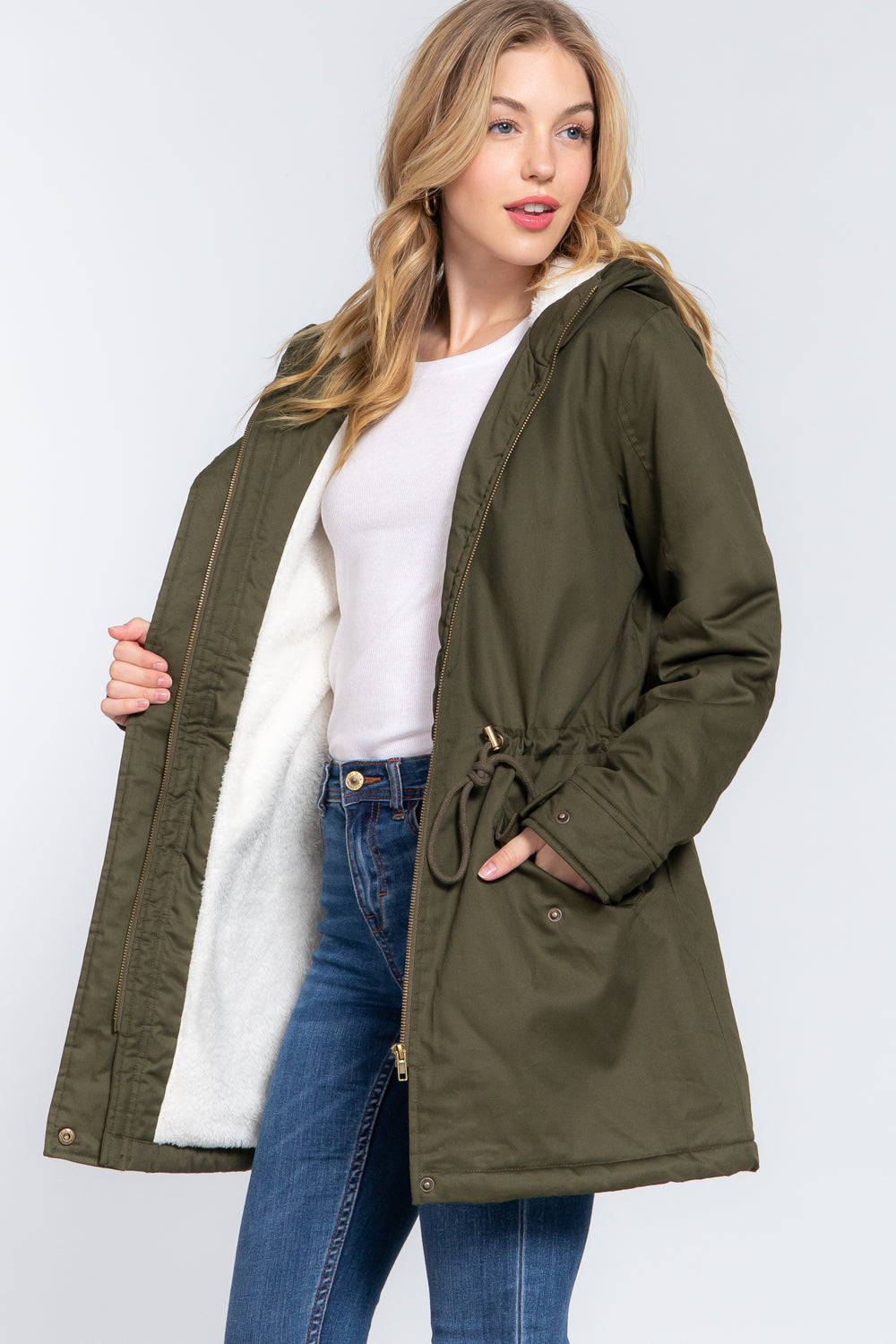 Women's Button Down With Zipper Fleece Lined Fur Hoodie Utility Jacket - Olive