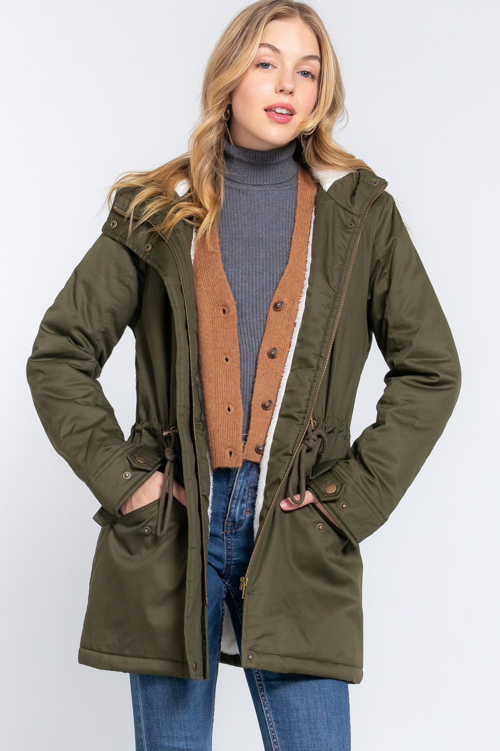 Women's Button Down With Zipper Fleece Lined Fur Hoodie Utility Jacket - Olive