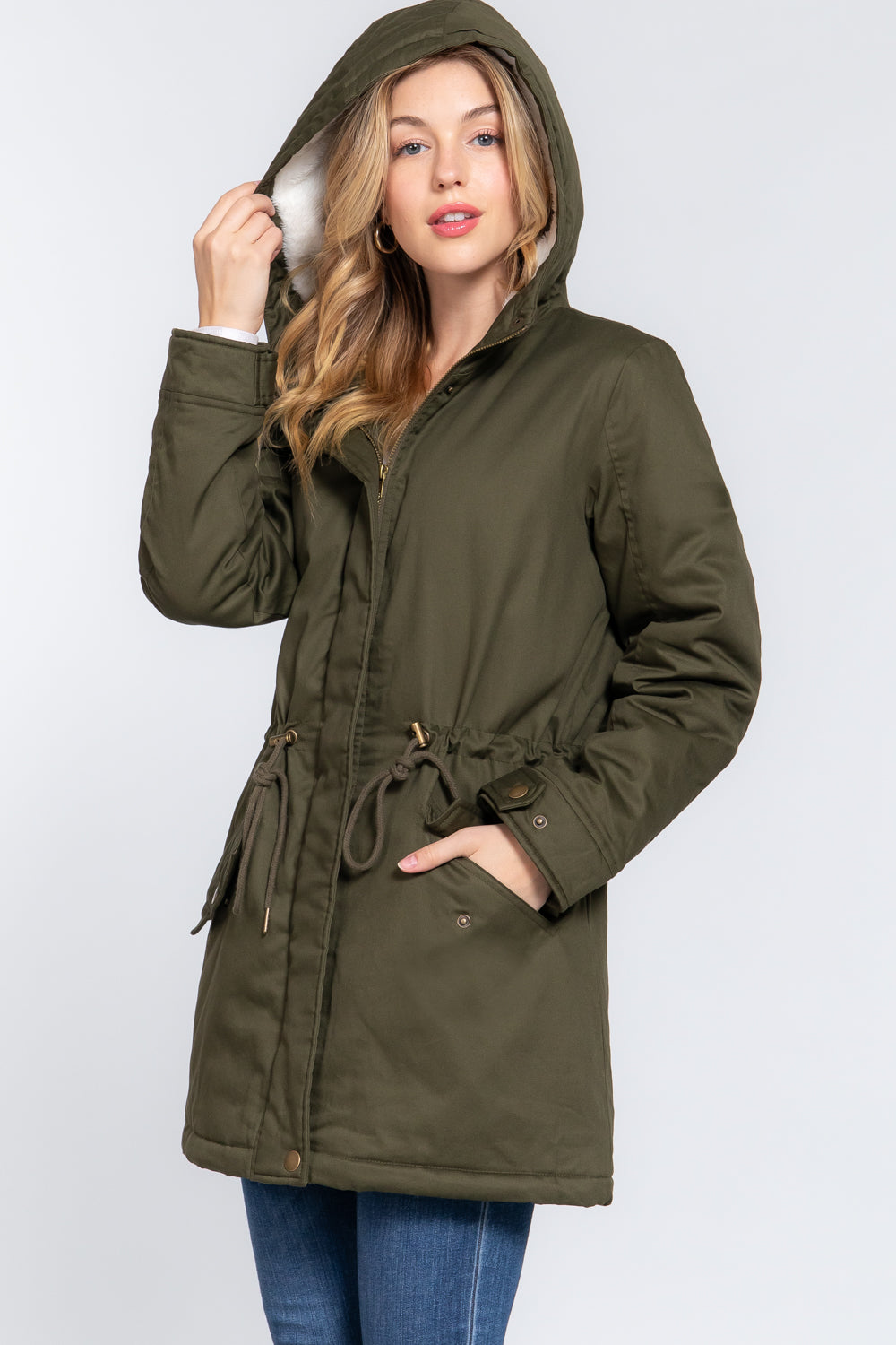 Women's Button Down With Zipper Fleece Lined Fur Hoodie Utility Jacket - Olive