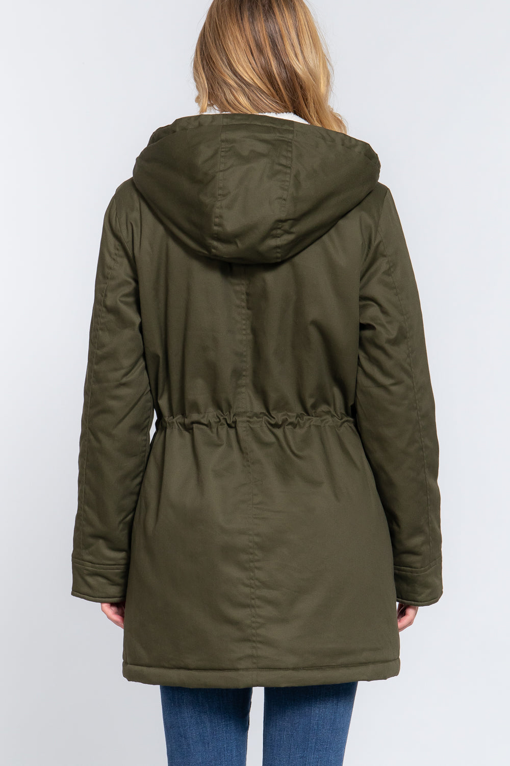Women's Button Down With Zipper Fleece Lined Fur Hoodie Utility Jacket - Olive