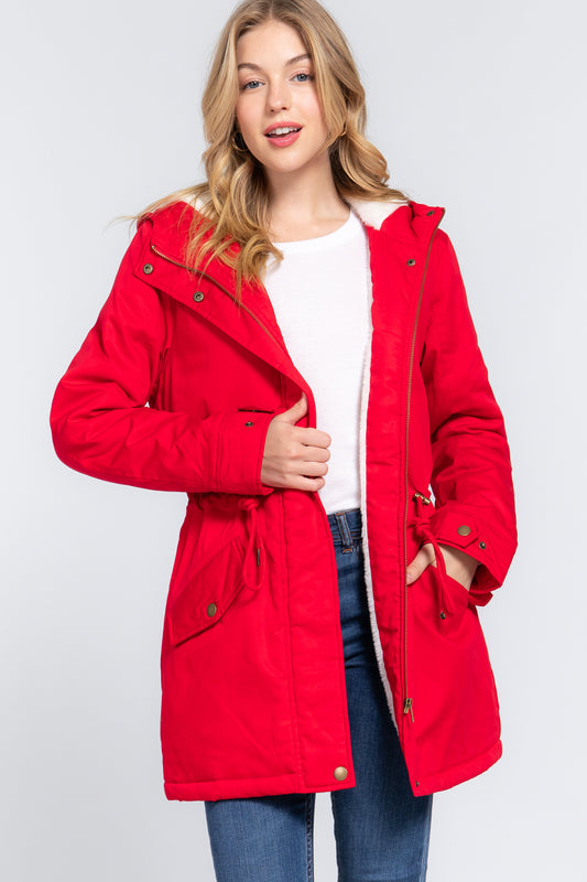 Women's Button Down With Zipper Fleece Lined Fur Hoodie Utility Jacket - Red