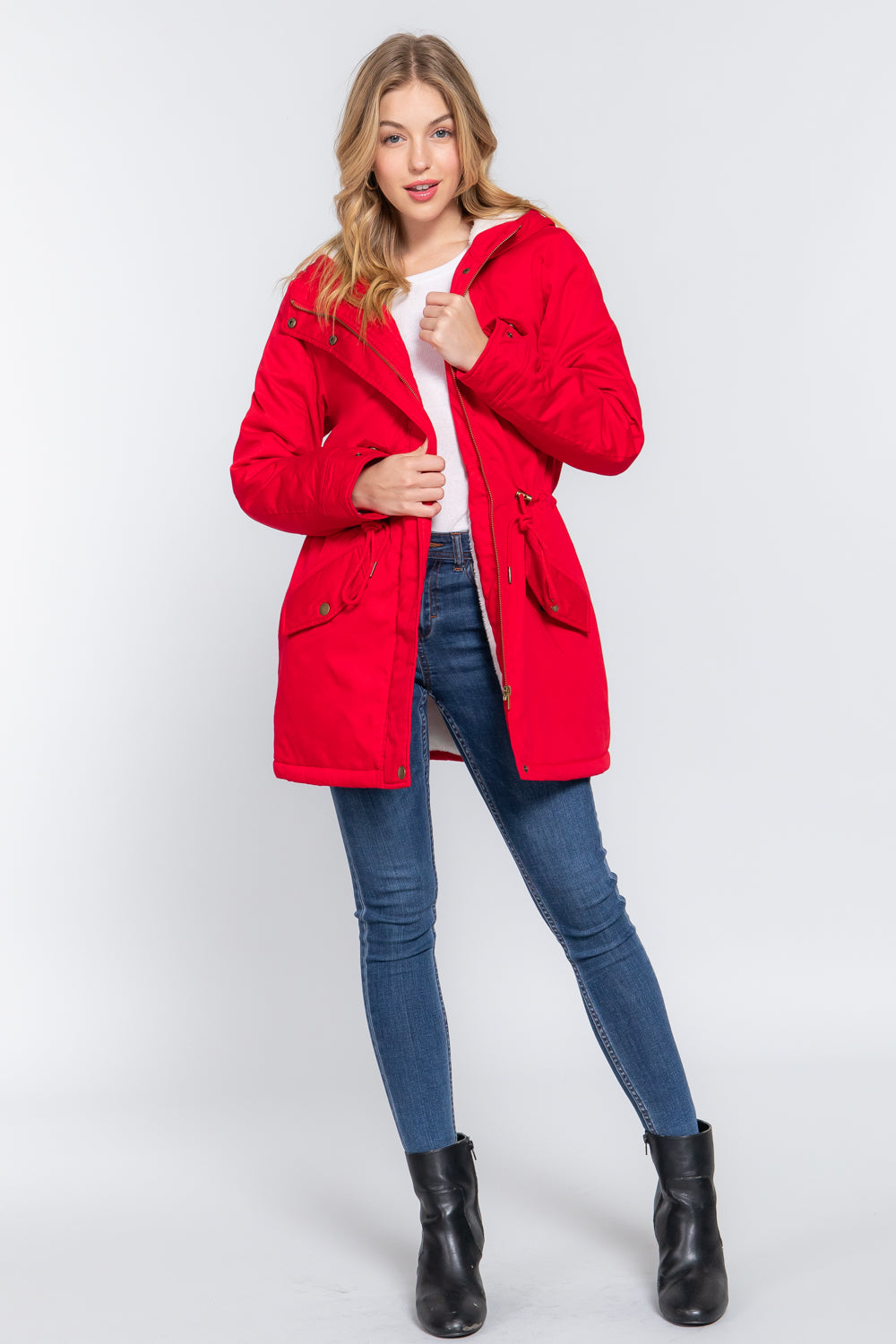 Women's Button Down With Zipper Fleece Lined Fur Hoodie Utility Jacket - Red