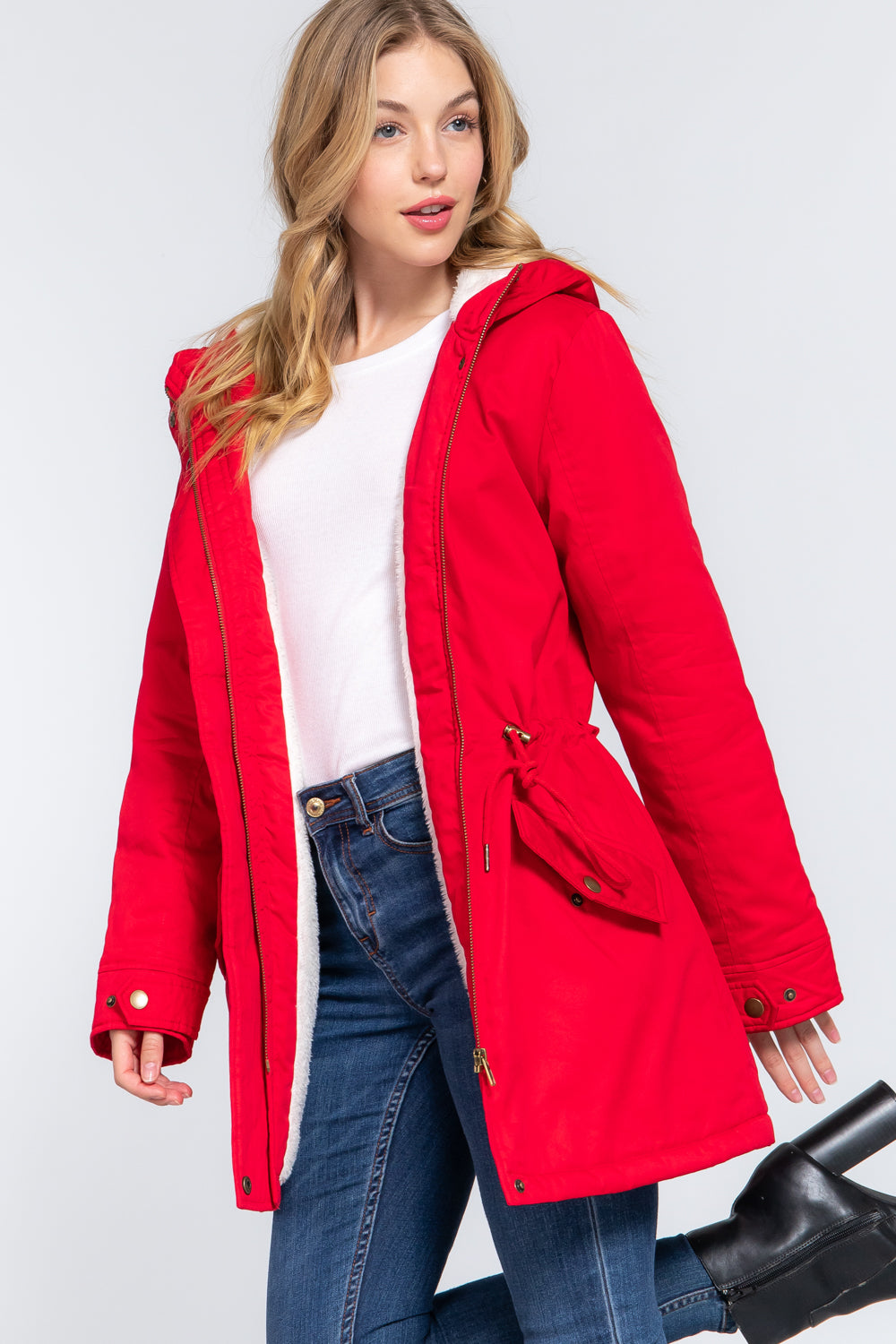 Women's Button Down With Zipper Fleece Lined Fur Hoodie Utility Jacket - Red
