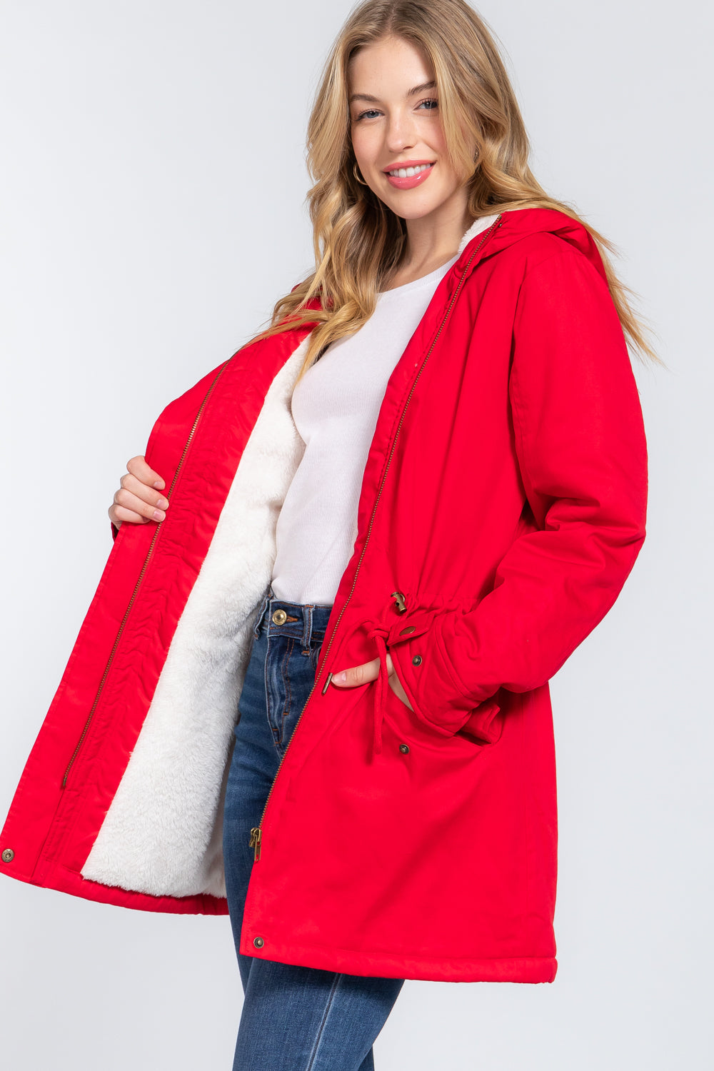 Women's Button Down With Zipper Fleece Lined Fur Hoodie Utility Jacket - Red