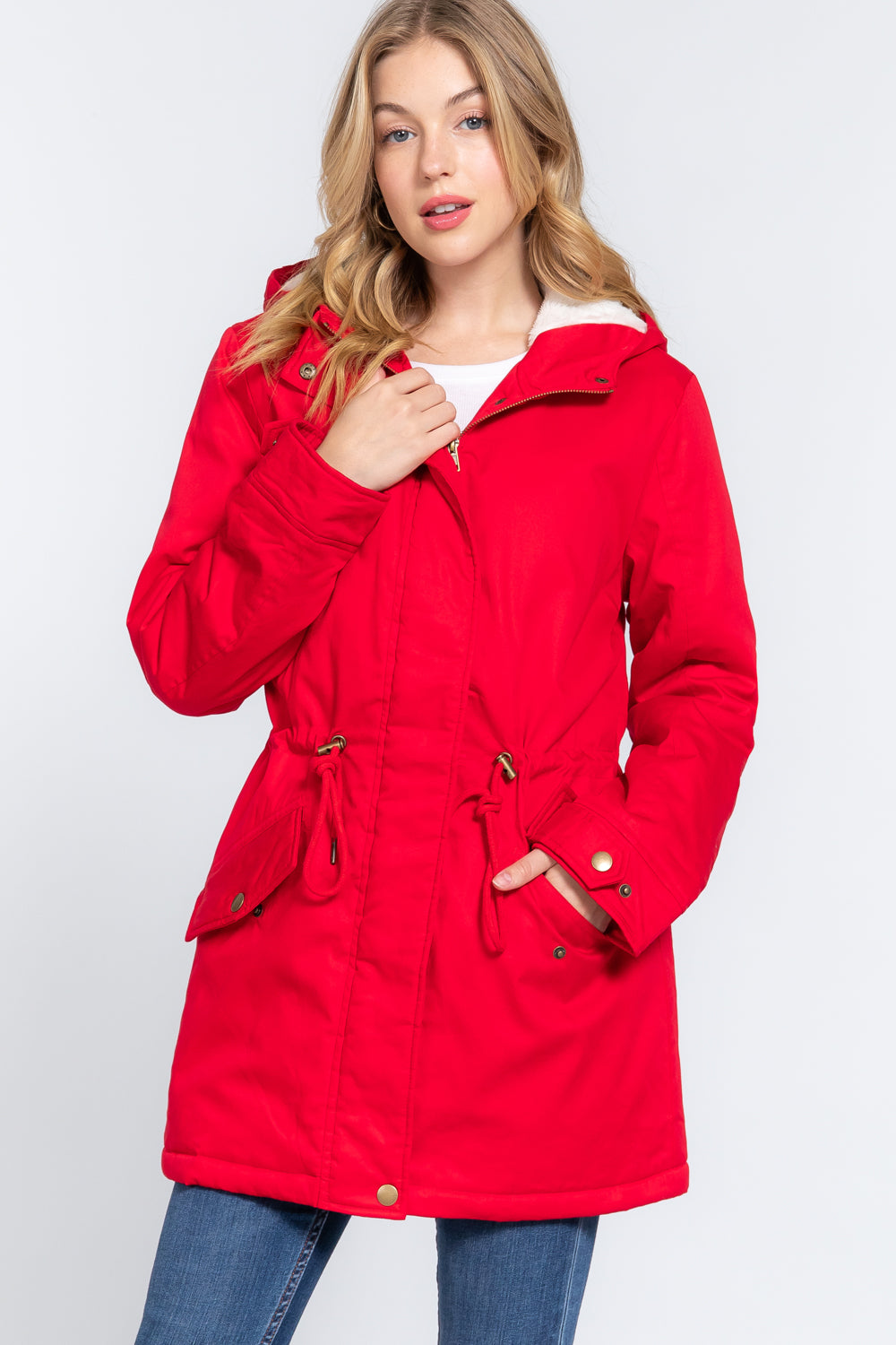 Women's Button Down With Zipper Fleece Lined Fur Hoodie Utility Jacket - Red