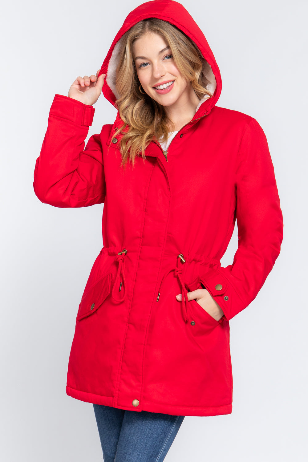 Women's Button Down With Zipper Fleece Lined Fur Hoodie Utility Jacket - Red