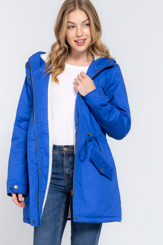 Women's Button Down With Zipper Fleece Lined Fur Hoodie Utility Jacket - Royal