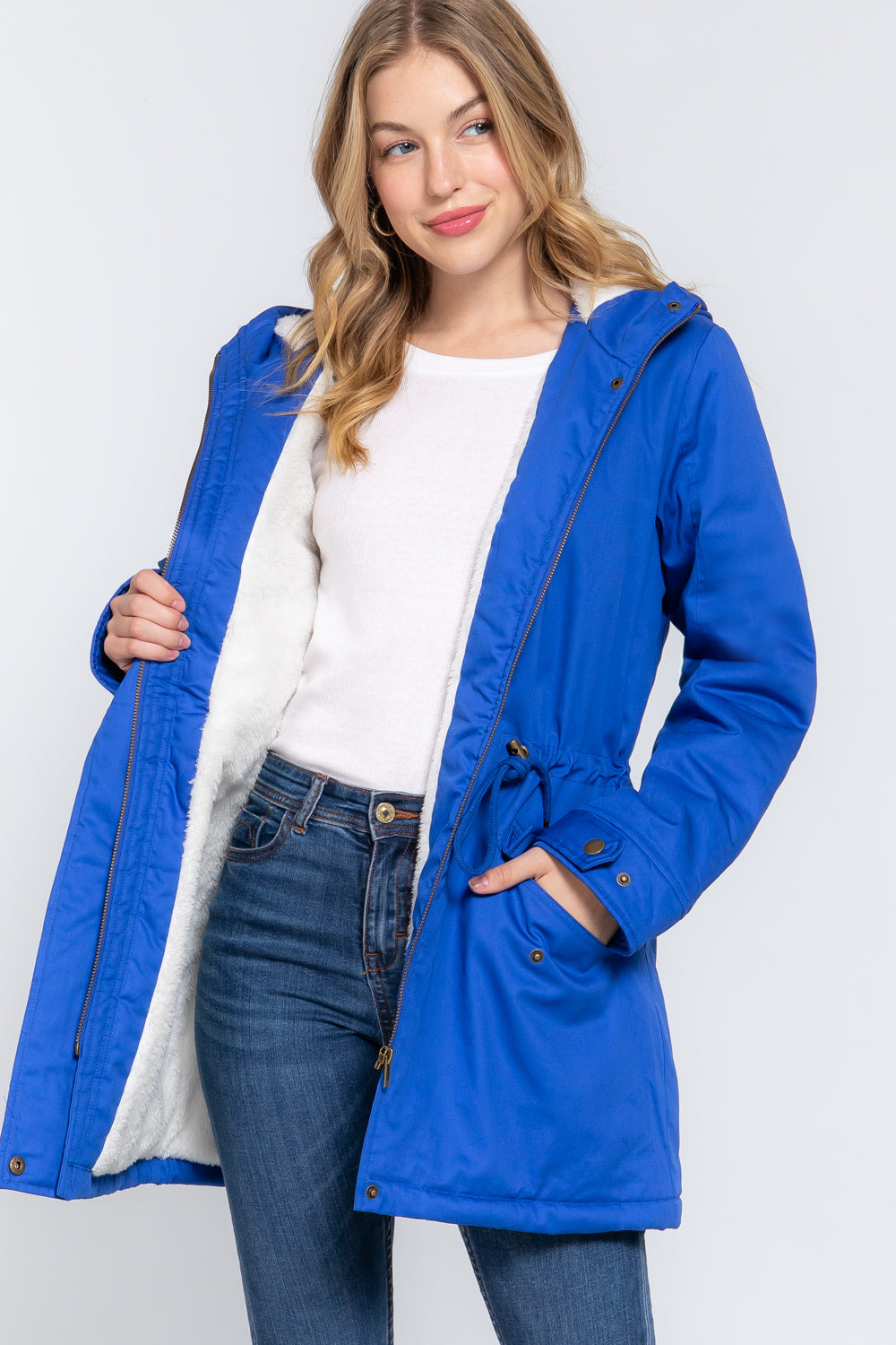 Women's Button Down With Zipper Fleece Lined Fur Hoodie Utility Jacket - Royal