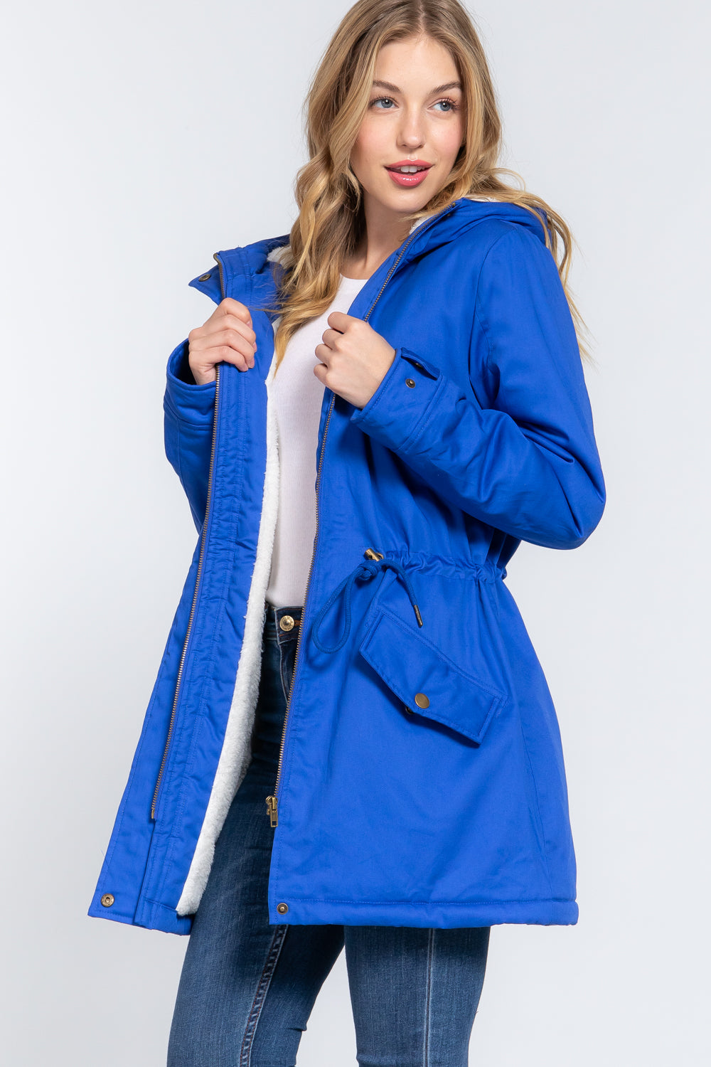 Women's Button Down With Zipper Fleece Lined Fur Hoodie Utility Jacket - Royal