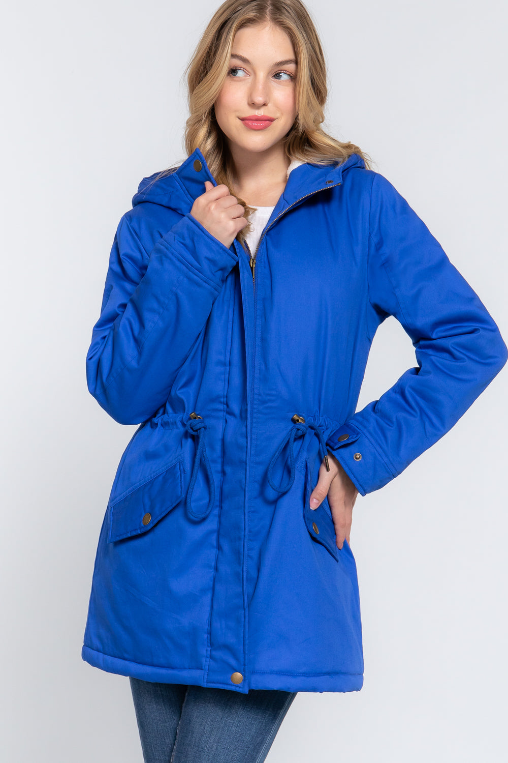 Women's Button Down With Zipper Fleece Lined Fur Hoodie Utility Jacket - Royal