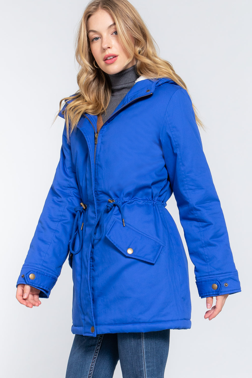 Women's Button Down With Zipper Fleece Lined Fur Hoodie Utility Jacket - Royal