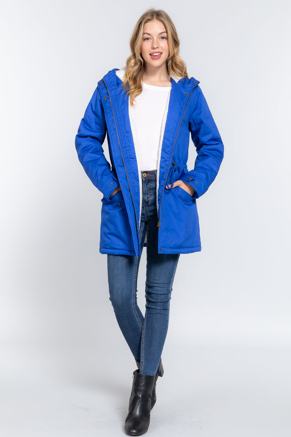 Women's Button Down With Zipper Fleece Lined Fur Hoodie Utility Jacket - Royal