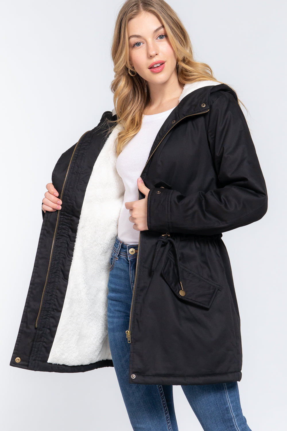 Women's Button Down With Zipper Fleece Lined Fur Hoodie Utility Jacket - Black