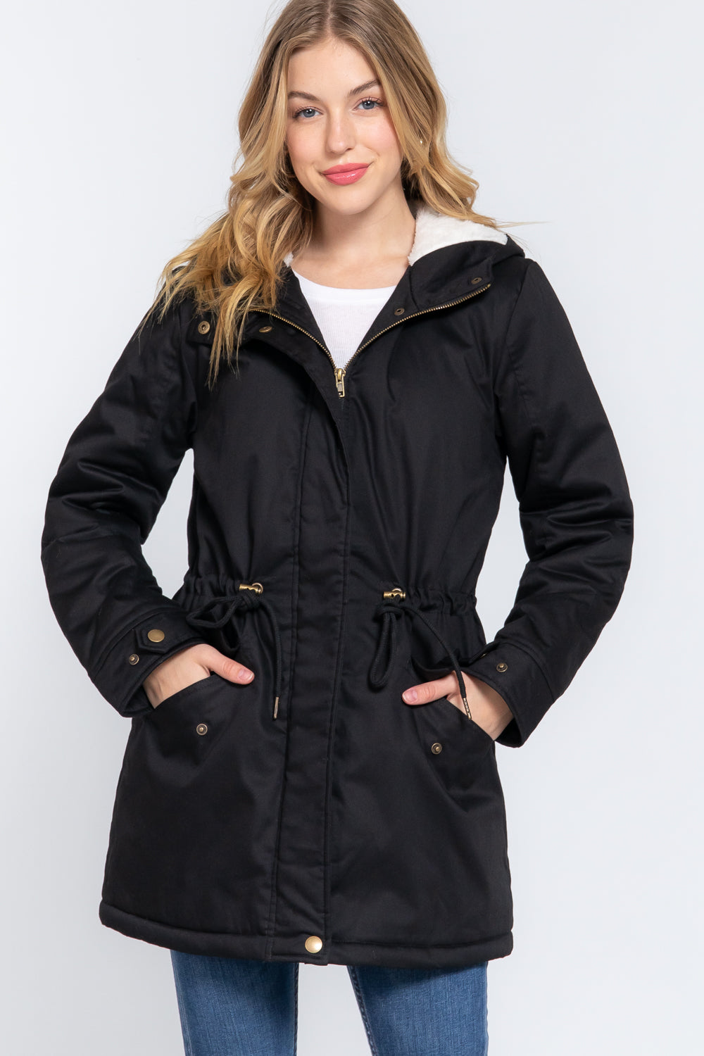 Women's Button Down With Zipper Fleece Lined Fur Hoodie Utility Jacket - Black