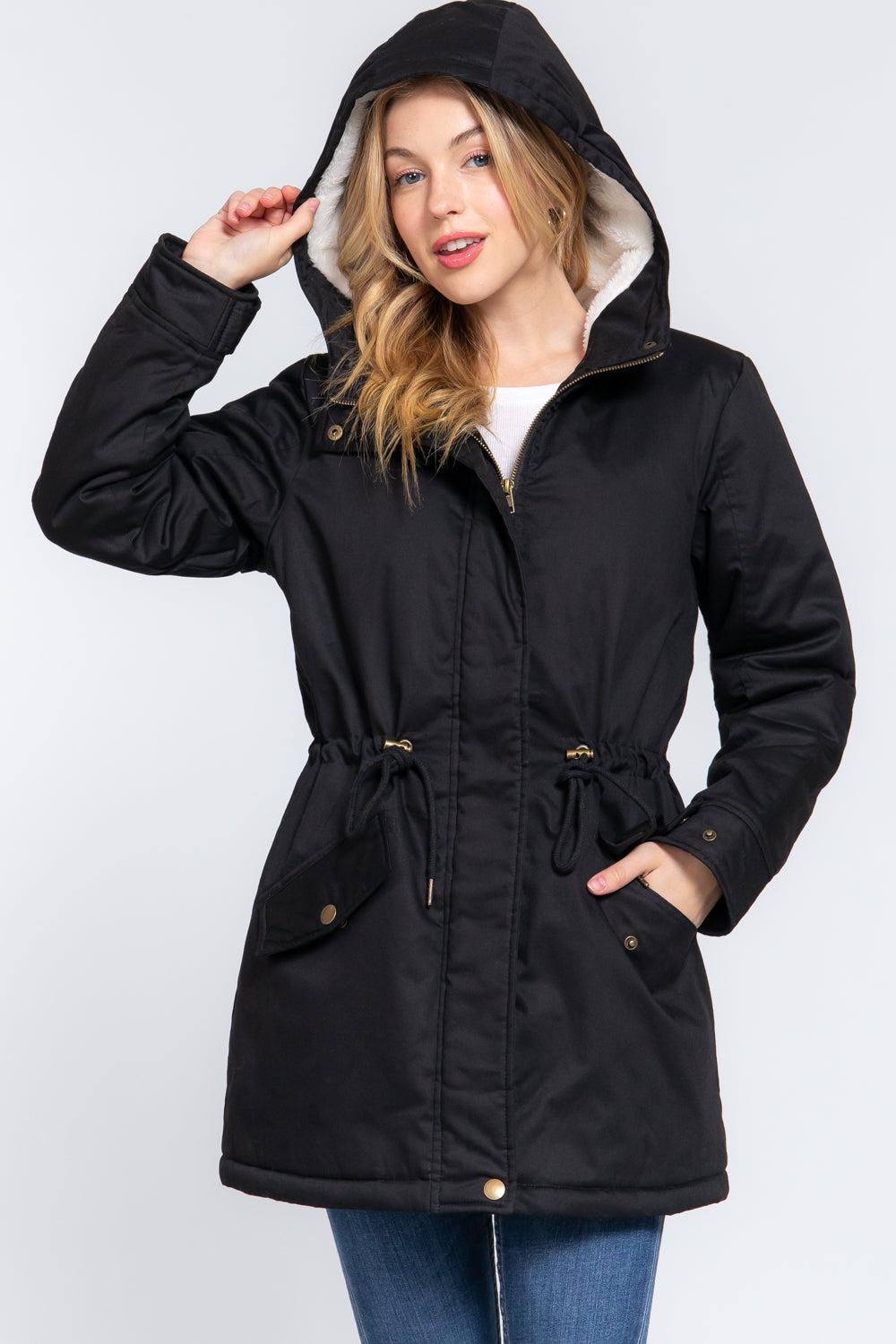 Women's Button Down With Zipper Fleece Lined Fur Hoodie Utility Jacket - Black