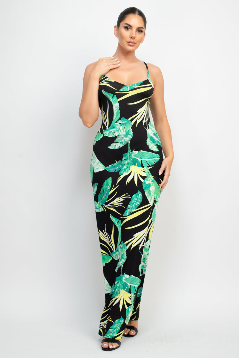 Women's Scoop Neck Tropical Print Maxi Dress Soft Cami Straps Bodycon Tank Top