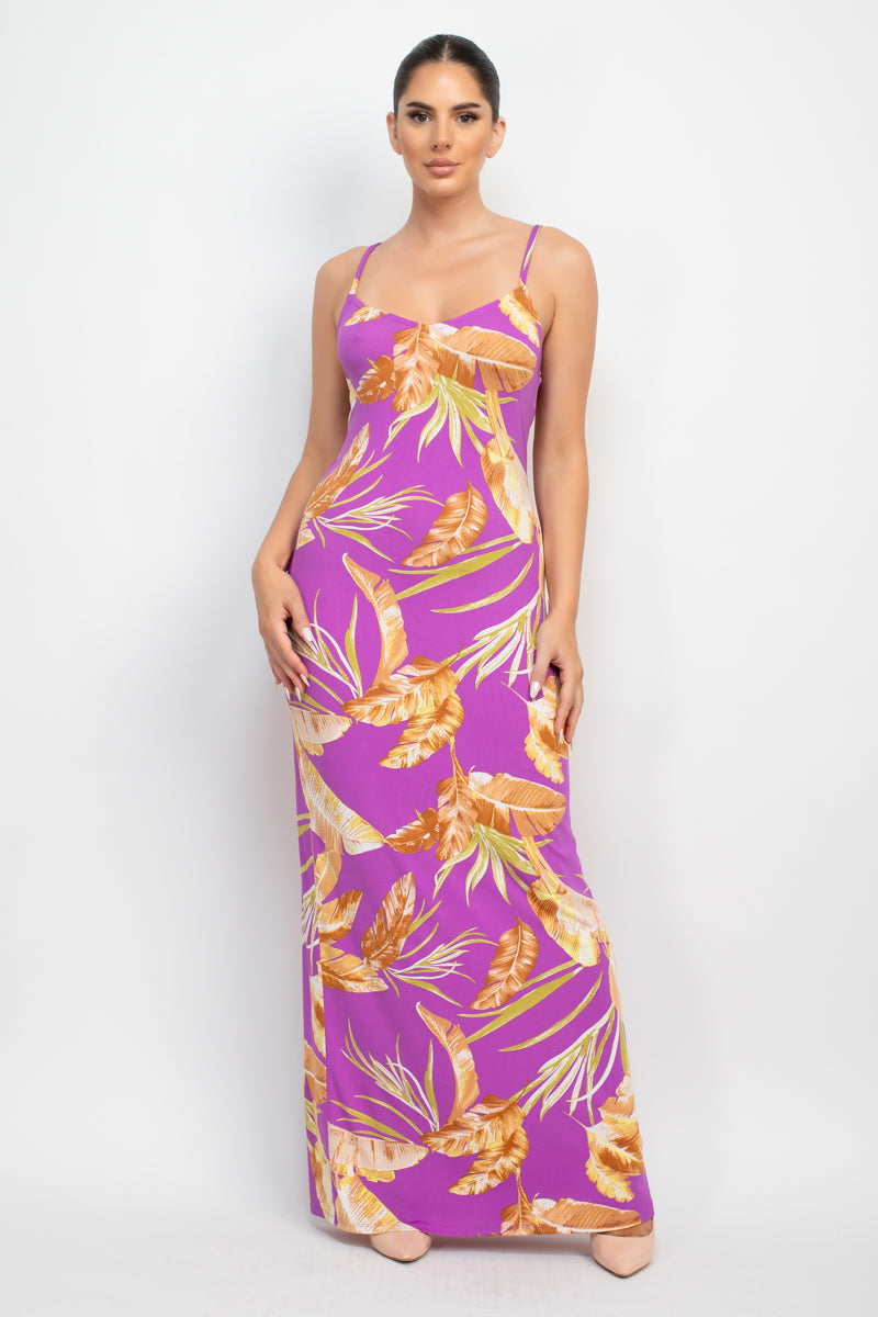 Women's Scoop Neck Tropical Print Maxi Dress Soft Cami Straps Bodycon Tank Top