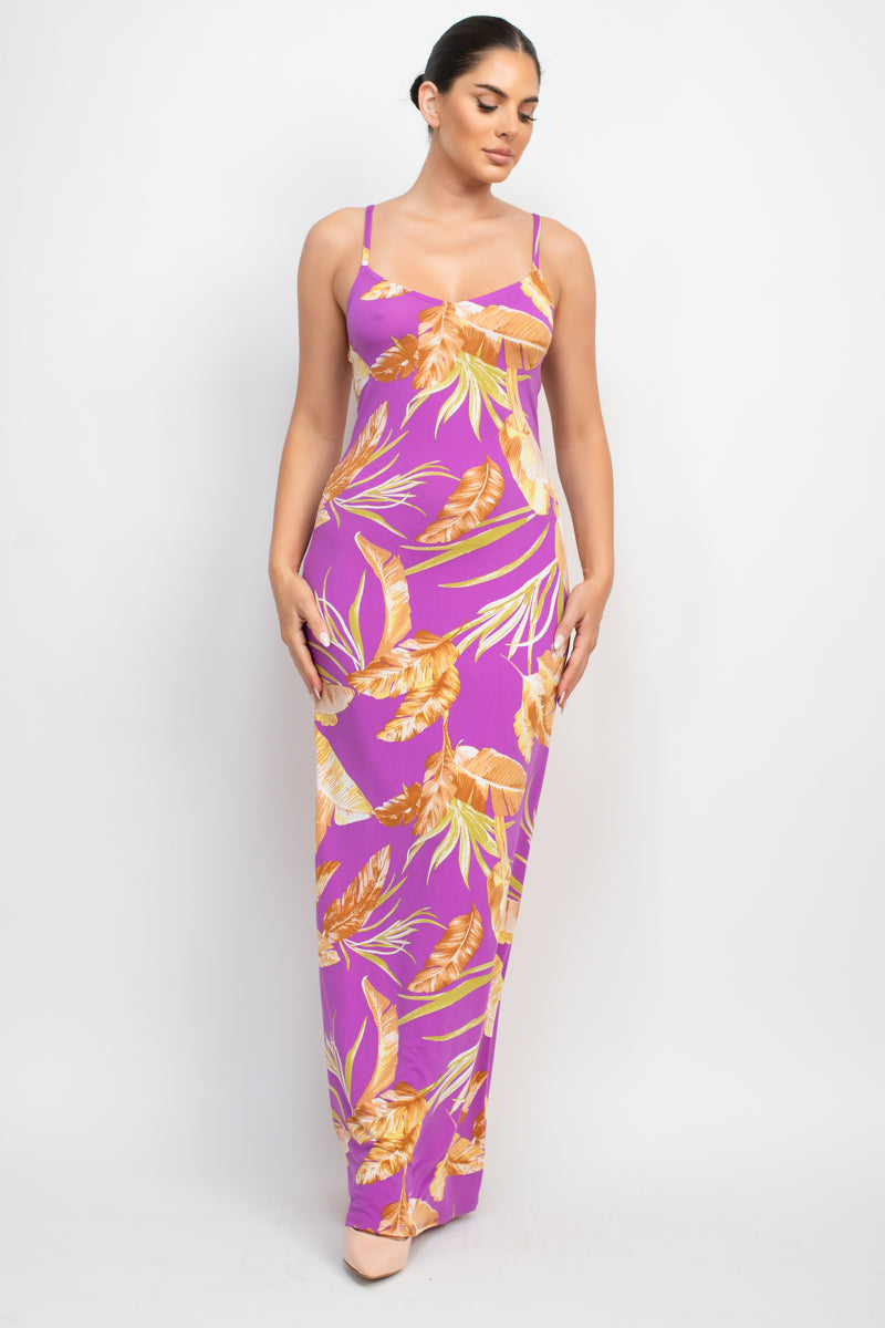 Women's Scoop Neck Tropical Print Maxi Dress Soft Cami Straps Bodycon Tank Top