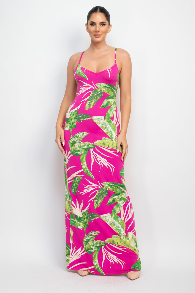 Women's Scoop Neck Tropical Print Maxi Dress Soft Cami Straps Bodycon Tank Top