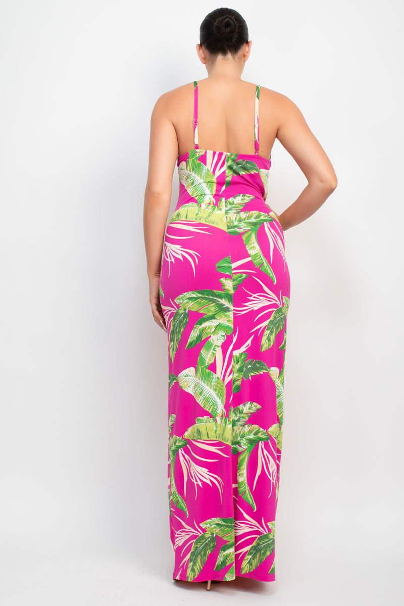 Women's Scoop Neck Tropical Print Maxi Dress Soft Cami Straps Bodycon Tank Top