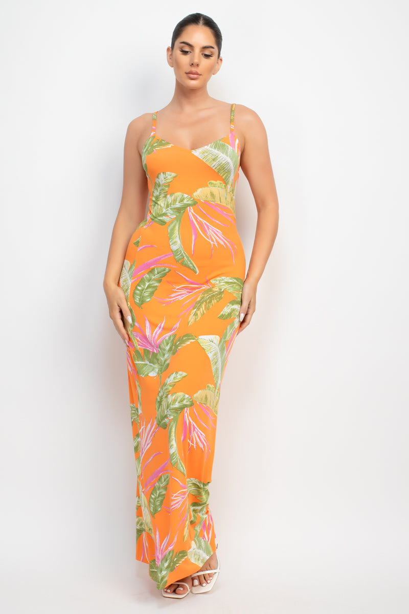 Women's Scoop Neck Tropical Print Maxi Dress Soft Cami Straps Bodycon Tank Top