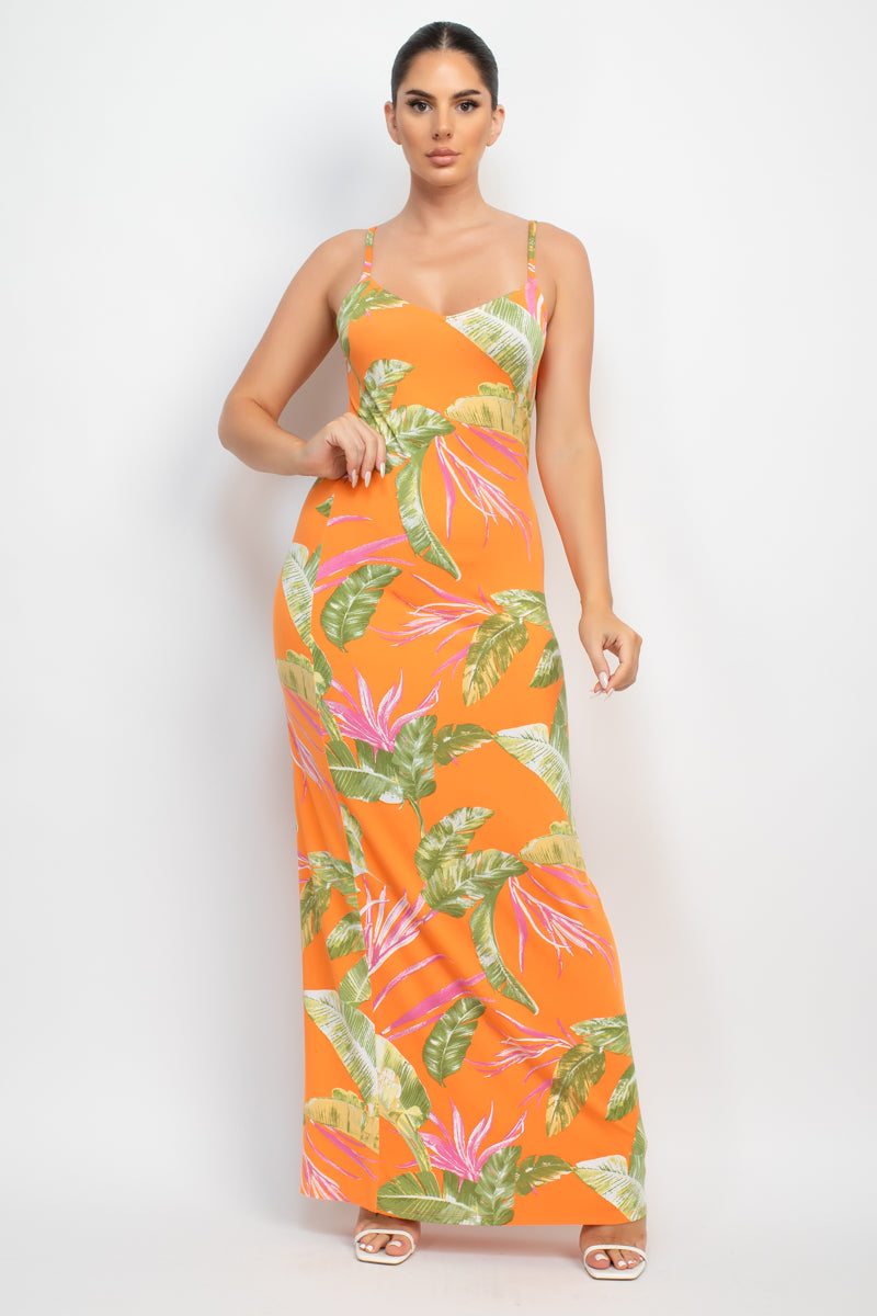 Women's Scoop Neck Tropical Print Maxi Dress Soft Cami Straps Bodycon Tank Top