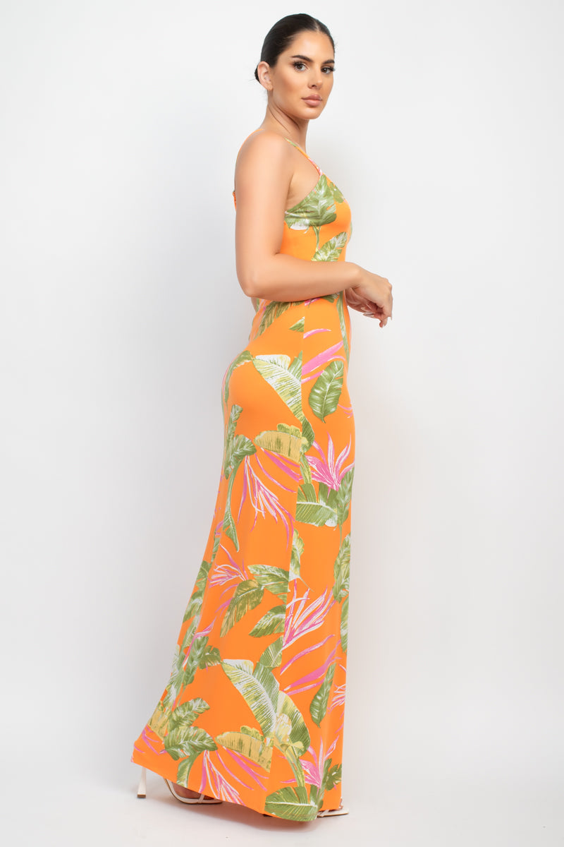Women's Scoop Neck Tropical Print Maxi Dress Soft Cami Straps Bodycon Tank Top