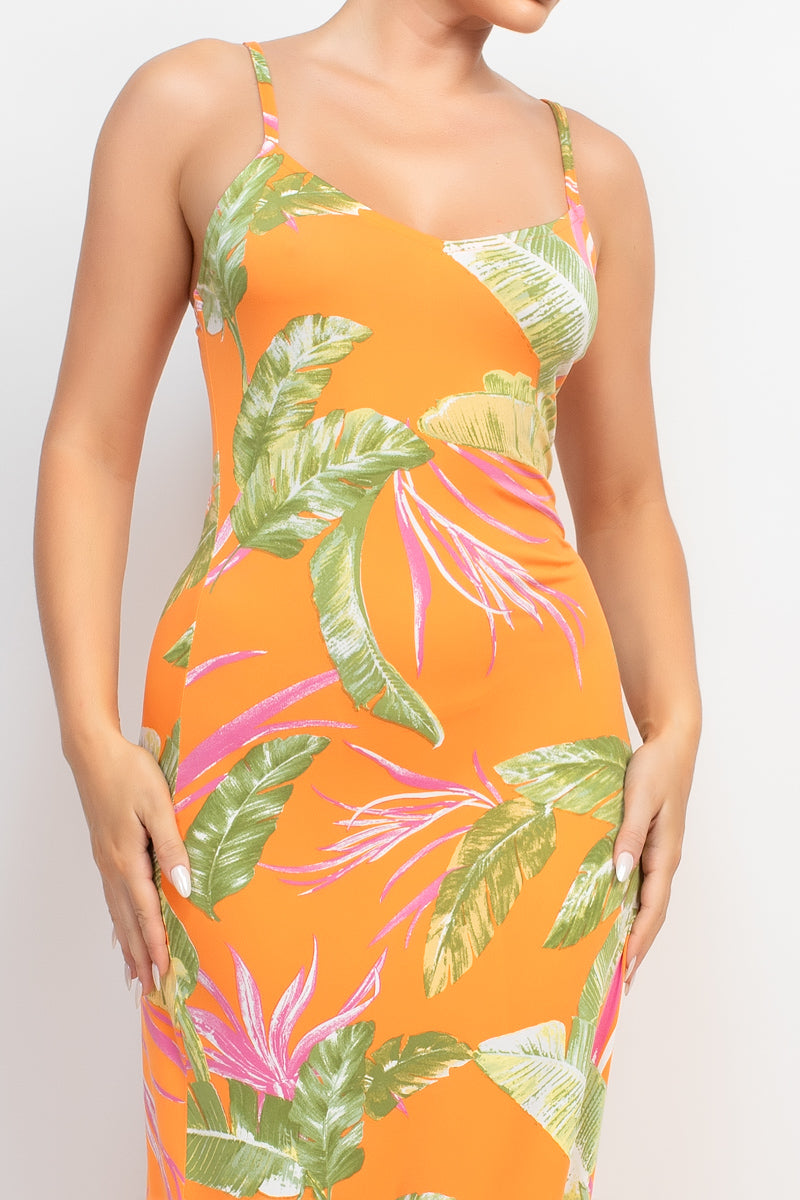 Women's Scoop Neck Tropical Print Maxi Dress Soft Cami Straps Bodycon Tank Top