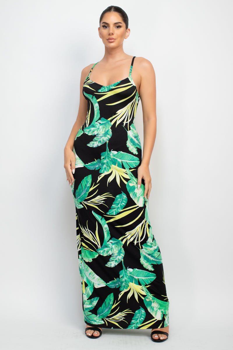 Women's Scoop Neck Tropical Print Maxi Dress Soft Cami Straps Bodycon Tank Top