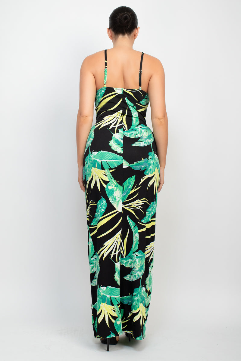 Women's Scoop Neck Tropical Print Maxi Dress Soft Cami Straps Bodycon Tank Top