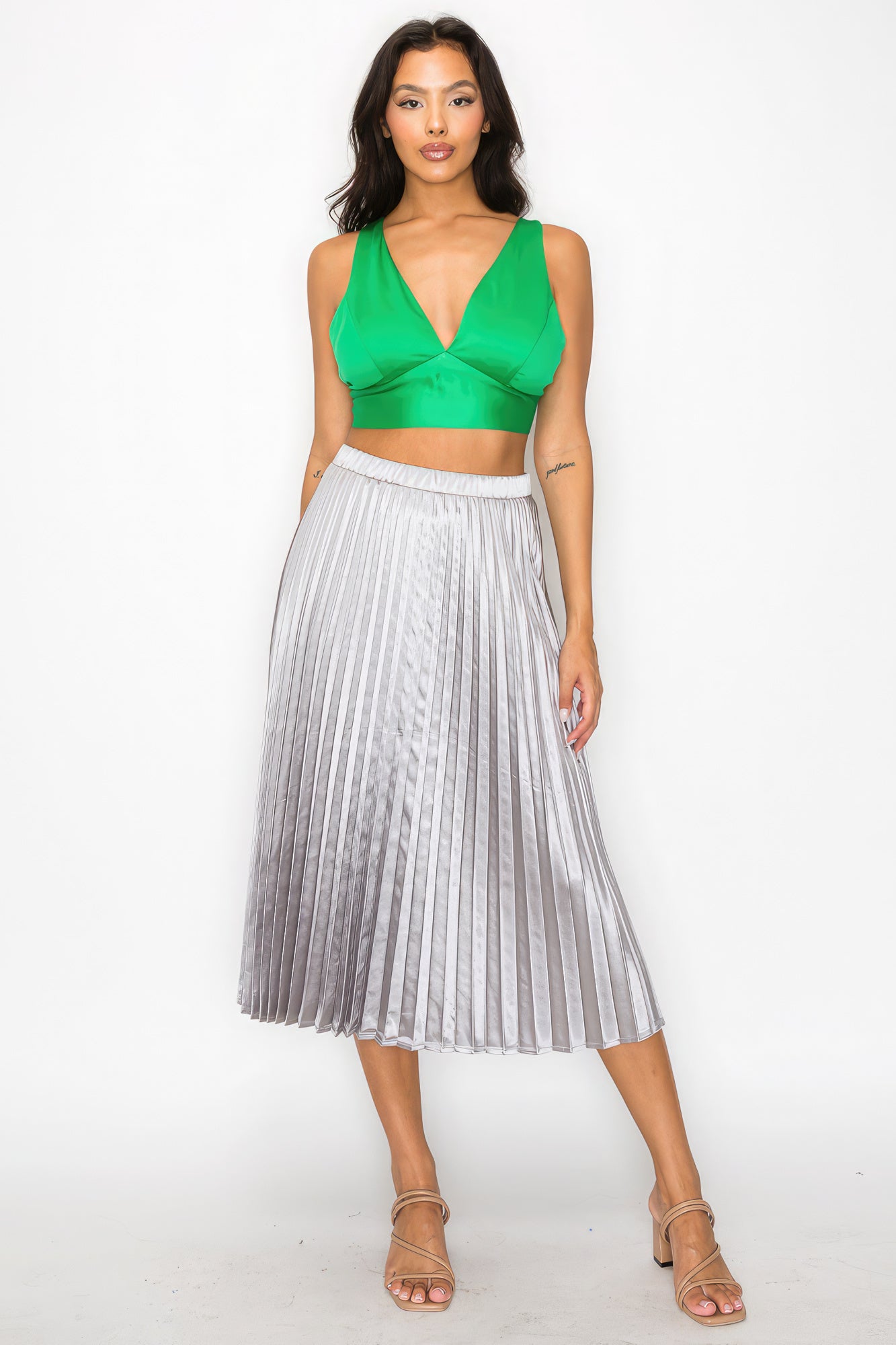 Women's Smock V-neck Satin Cropped Bra Top sleeveless Wide Straps Tank Blouse