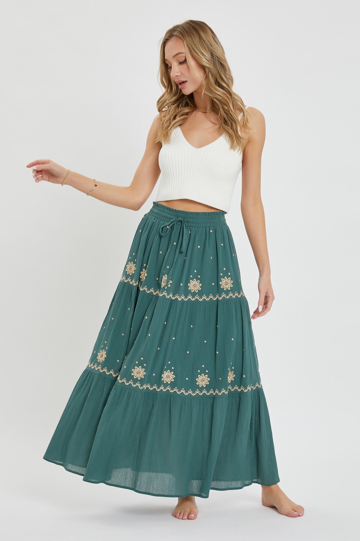 Women Embroidery Maxi Skirt Cotton Knit Drawstring Elastic Waist Casual Relaxed