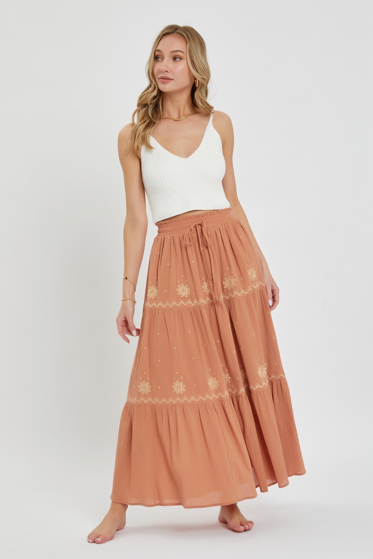 Women Embroidery Maxi Skirt Cotton Knit Drawstring Elastic Waist Casual Relaxed