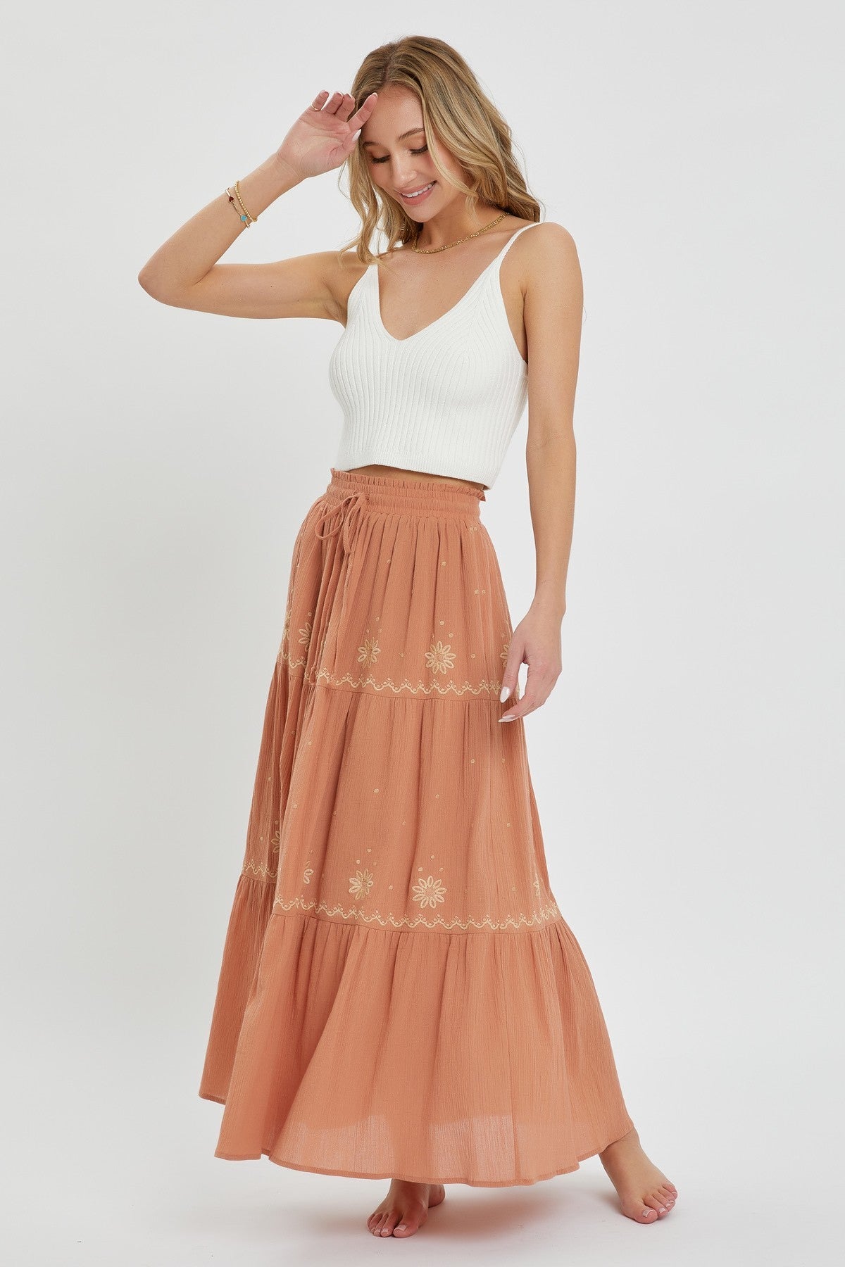 Women Embroidery Maxi Skirt Cotton Knit Drawstring Elastic Waist Casual Relaxed
