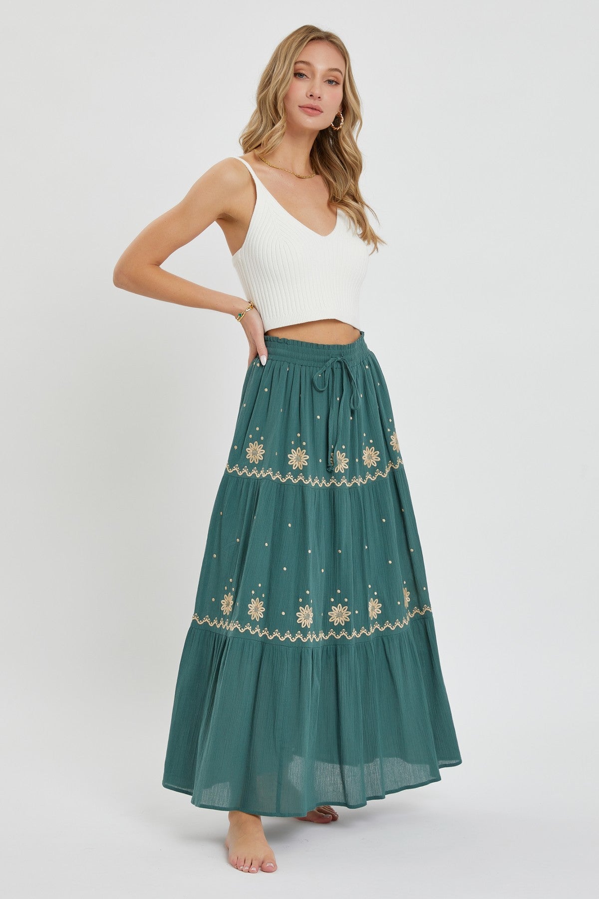 Women Embroidery Maxi Skirt Cotton Knit Drawstring Elastic Waist Casual Relaxed