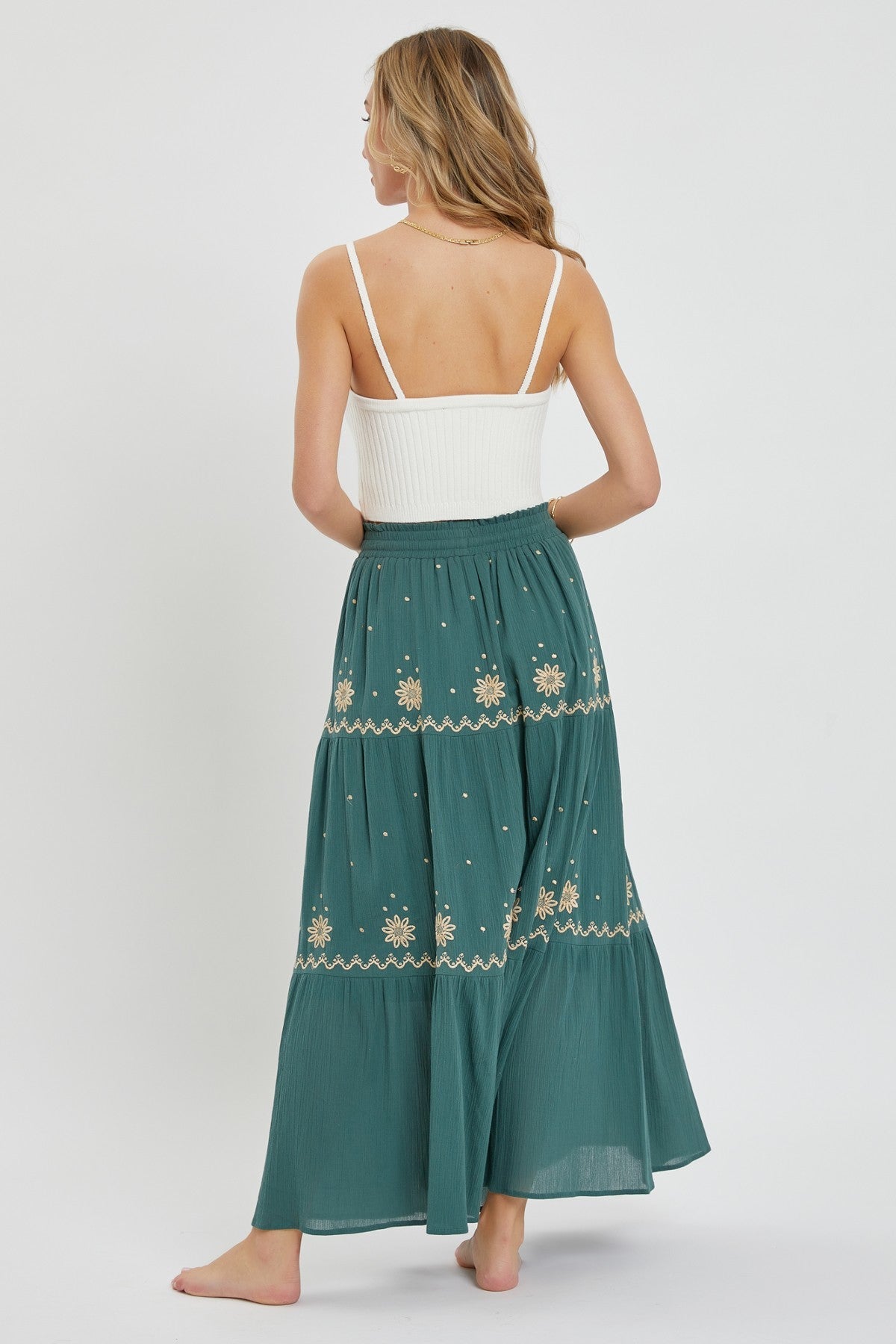 Women Embroidery Maxi Skirt Cotton Knit Drawstring Elastic Waist Casual Relaxed