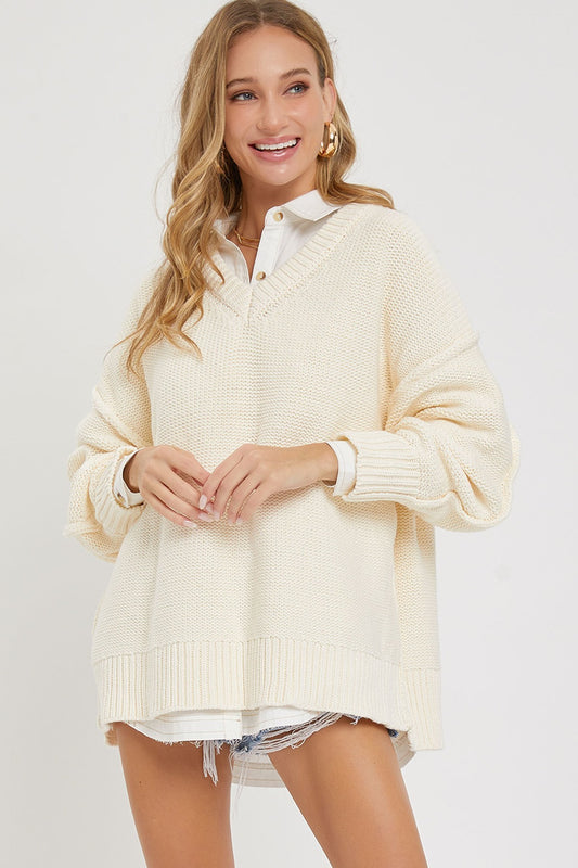 Women's Chunky Knit V Neck Oversized Loose Fit Soft Sweater - Cream