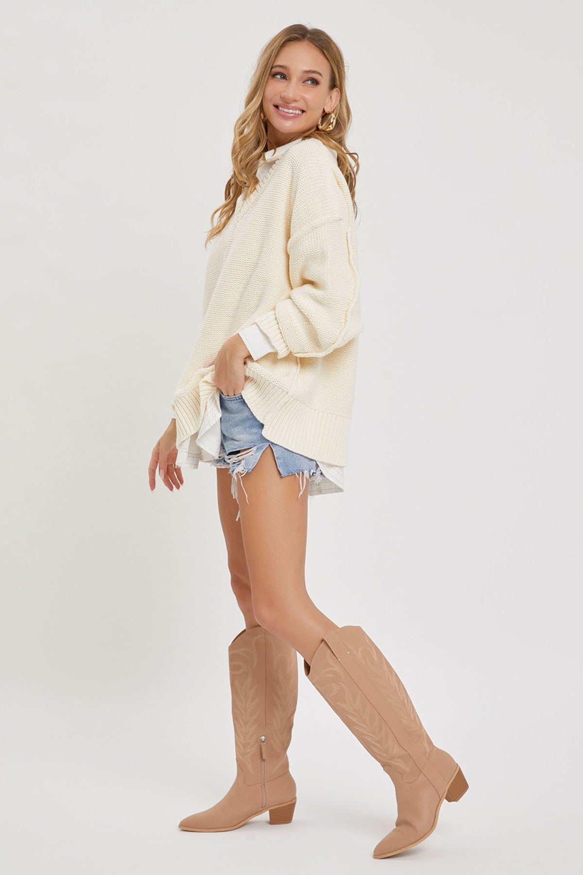 Women's Chunky Knit V Neck Oversized Loose Fit Soft Sweater - Cream