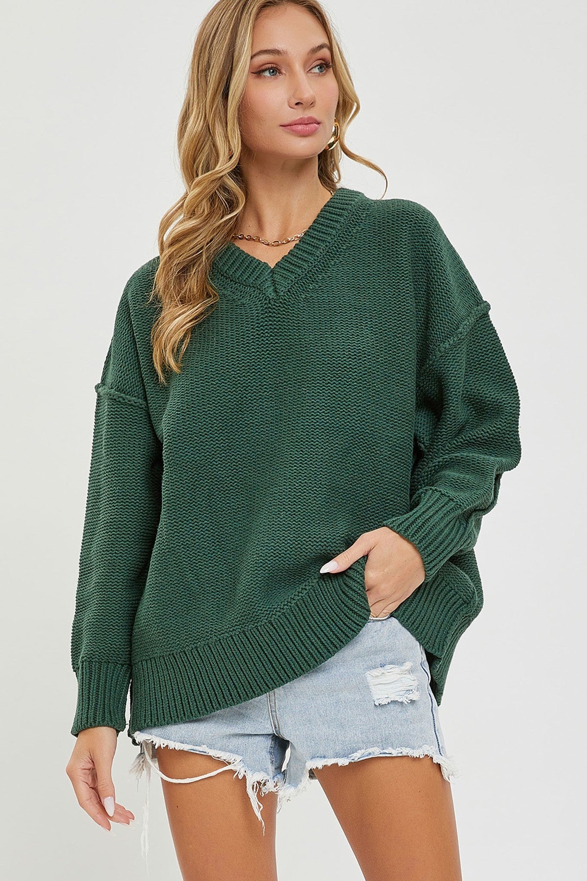 Women's Chunky Knit V Neck Oversized Loose Fit Soft Sweater - Hunter Green
