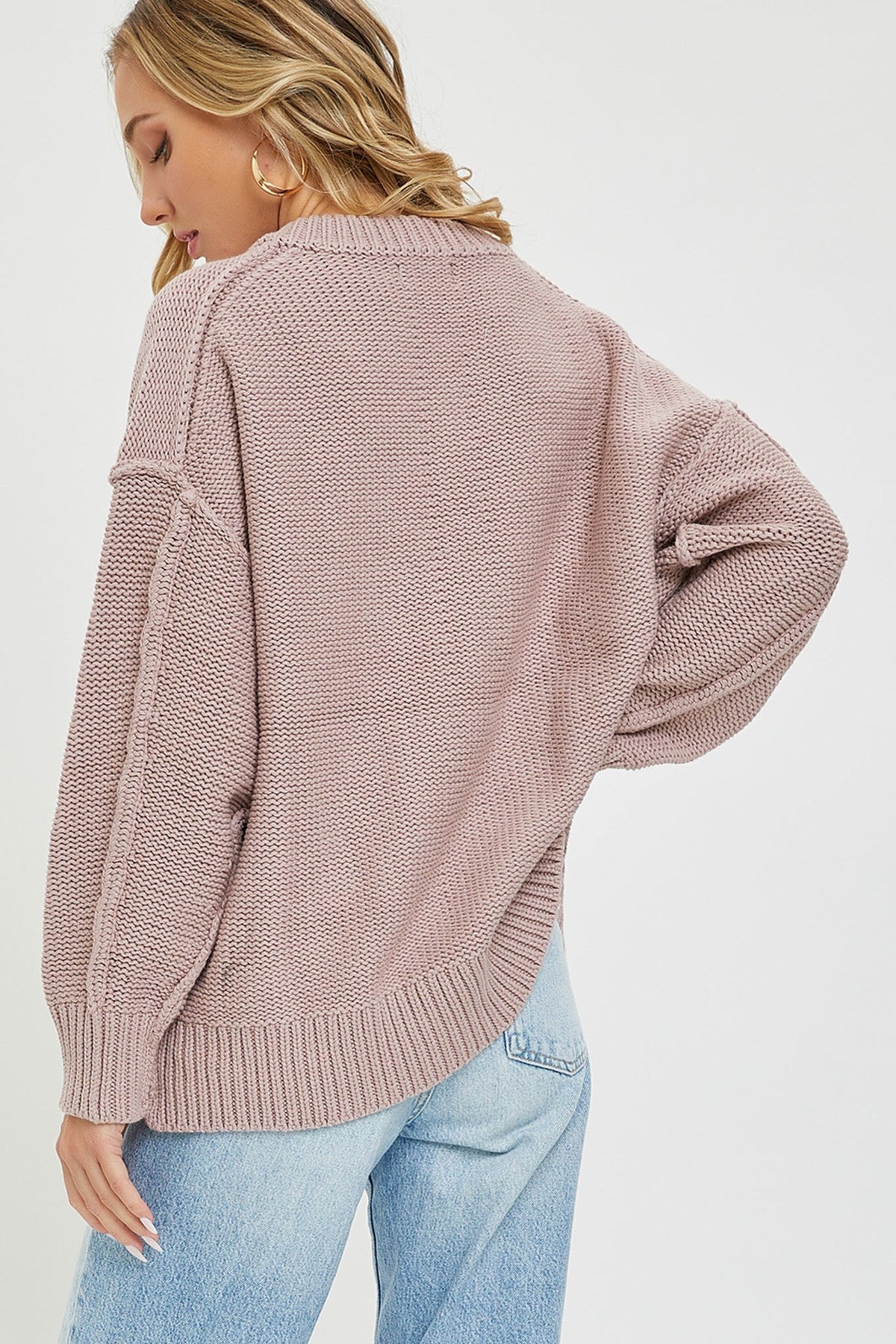 Women's Chunky Knit V Neck Oversized Loose Fit Soft Sweater - Mauve