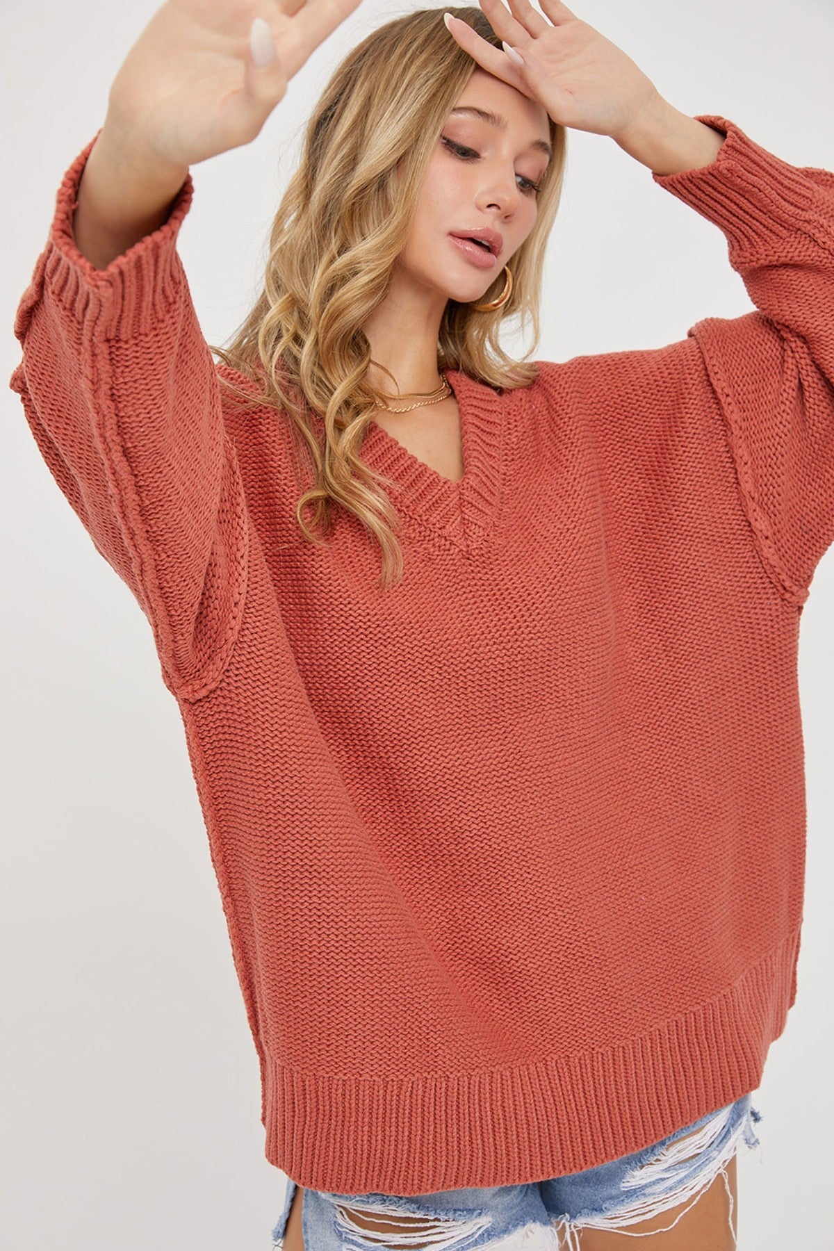 Women's Chunky Knit V Neck Oversized Loose Fit Soft Sweater - Marsala