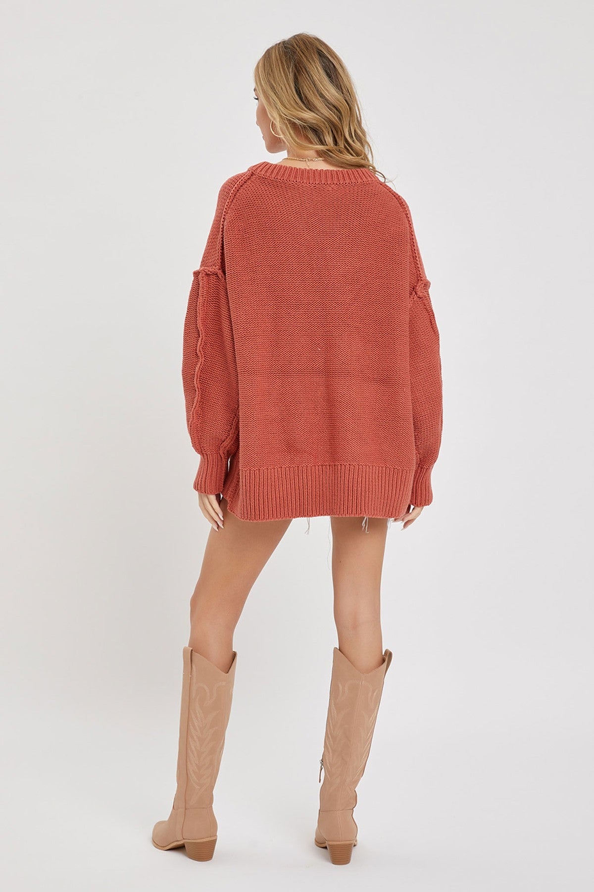 Women's Chunky Knit V Neck Oversized Loose Fit Soft Sweater - Marsala