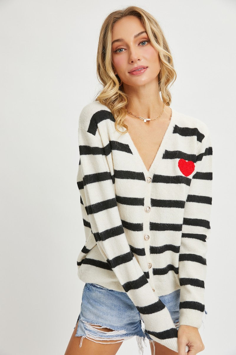 Women's Soft Knit Striped V-neck Cardigan With Heart Patch Relaxed Fit Sweater