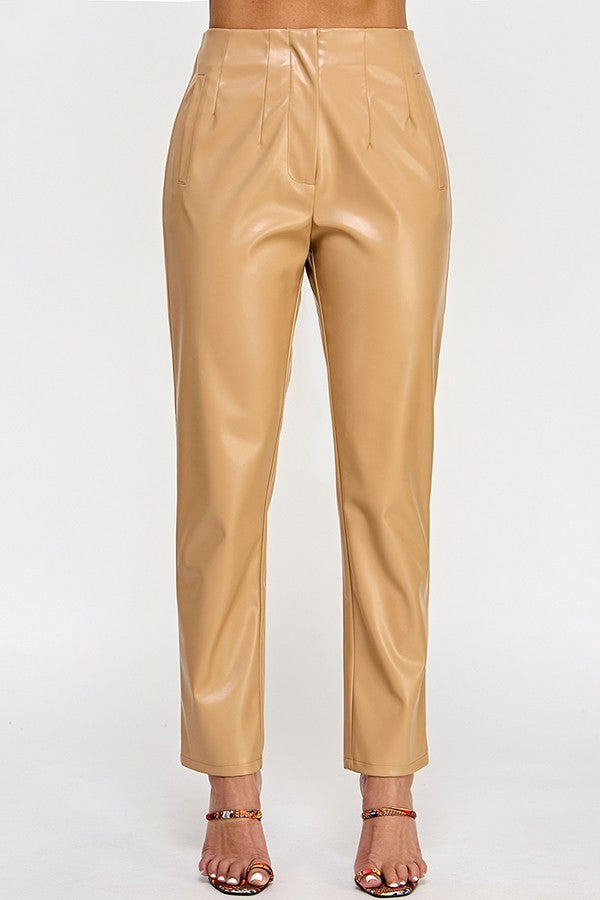 Women's High-Rise Faux Leather Ankle Length Sleek Pants Solid Color