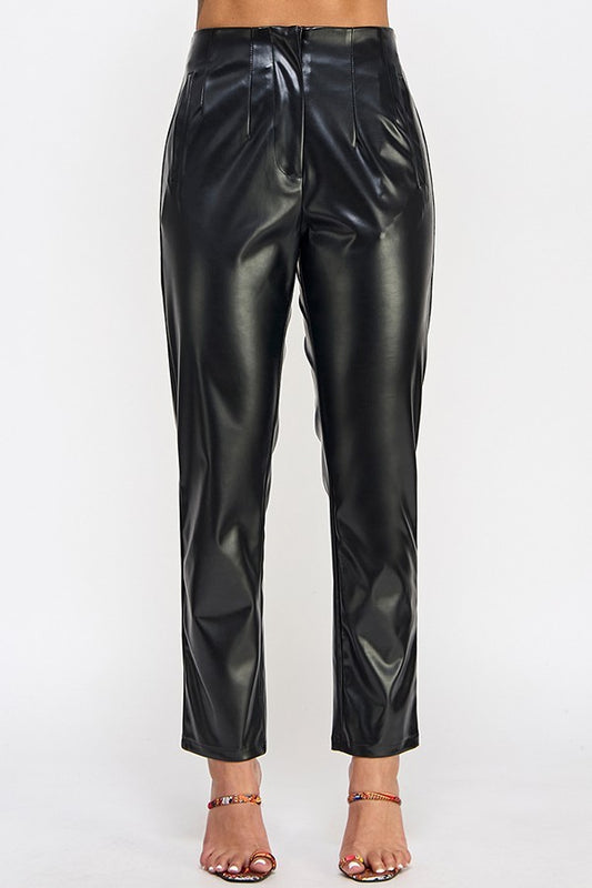 Women's High-Rise Faux Leather Ankle Length Sleek Pants Solid Color